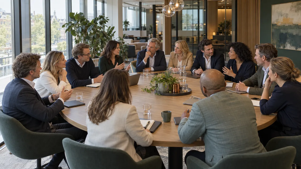 Een groep professionals overlegt met elkaar aan een grote tafel in een lichte, stijlvolle vergaderruimte